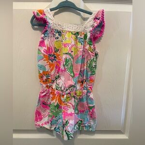 Lilly for Target romper 4T. Bright floral with tiny pink Pom Pom & white eyelet
